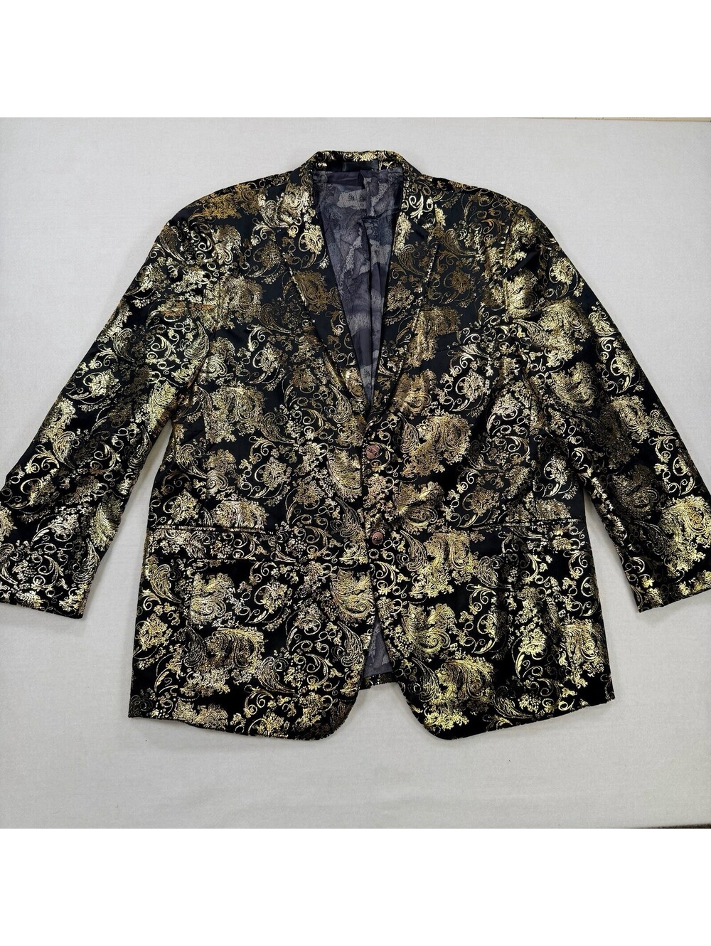 Mens Black Gold Metallic Foil Paisley Velvet Blazer Tuxedo Dinner Suit Jacket